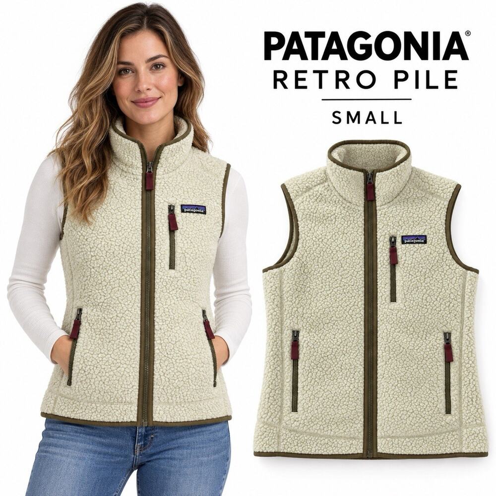 Patagonia Women’s Small Retro Pile Fleece Vest Pelican Cream Full Zip 22825